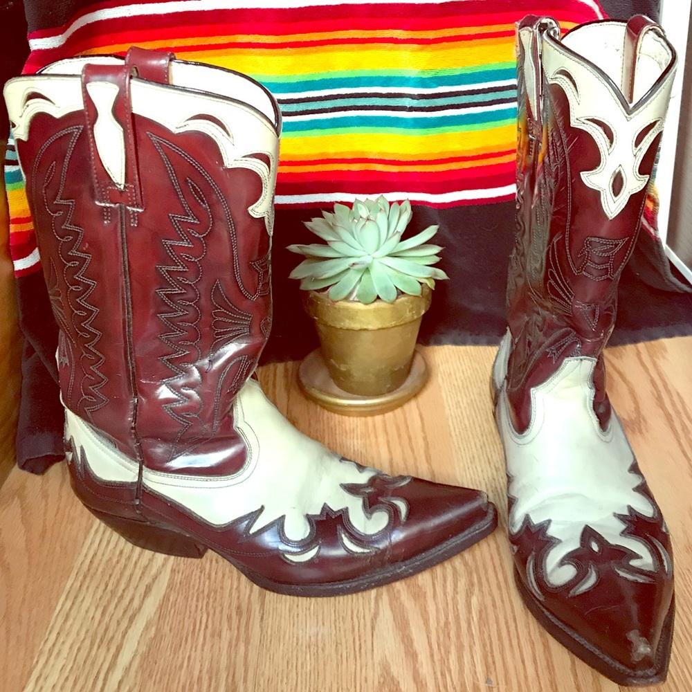 Vintage cowboy boots white/brown/burgundy